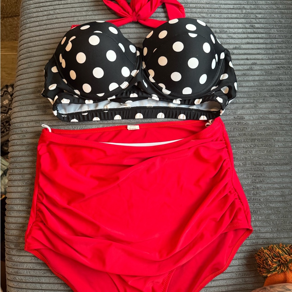 Polka Dot Bikini Top and Red High-Waisted Bottoms